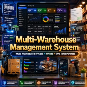 Peut inclure: Image promotionnelle d'un système de gestion multi-entrepôts. L'image présente un ordinateur portable affichant des données, un chariot élévateur, un lecteur de codes-barres et un smartphone. Le texte comprend "Multi-Warehouse Management System" et "Multi-Warehouse Software".