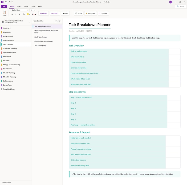 May include: A digital Task Breakdown Planner template displayed in OneNote. The interface features a sidebar with navigation tabs and a main workspace containing sections for Task Overview, Step Breakdown, and Resources & Support with light blue fields.