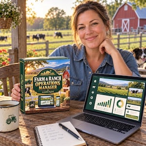 Puede incluir: Un set de caja de software Farm & Ranch Operations Manager con un portátil que muestra paneles de datos, un cuaderno con un plan de granja escrito a mano y una taza blanca con un icono de tractor verde sobre una mesa de madera.