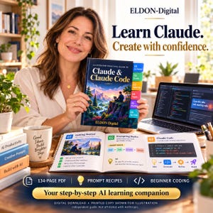 May include: A 134-page illustrated practical guide titled Claude & Claude Code by ELDON-Digital. The book features a colourful landscape cover, tabbed sections, and open pages displaying prompt recipes, coding examples, and AI learning steps.
