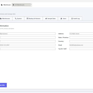 May include: A digital interface for the ELDON-Digital inventory management system showing a settings page. The screen displays fields for company information including name, address, city, state, zip code, country, phone, email, website, and tax ID.