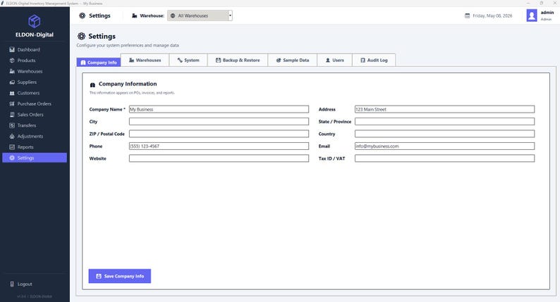 May include: A digital interface for the ELDON-Digital inventory management system showing a settings page. The screen displays fields for company information including name, address, city, state, zip code, country, phone, email, website, and tax ID.