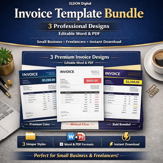 Invoice Template Bundle | 3 Professional Designs | Editable Word & PDF | Small Business, Freelancer Invoice | Instant Download