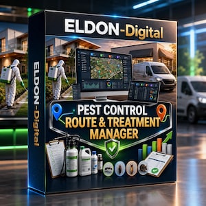 Pode incluir: Uma caixa de software retangular para Eldon-Digital Pest Control Route & Treatment Manager. O design apresenta um monitor de computador, portátil, técnicos, equipamento de pulverização, frascos, pranchetas e ícones de insetos.