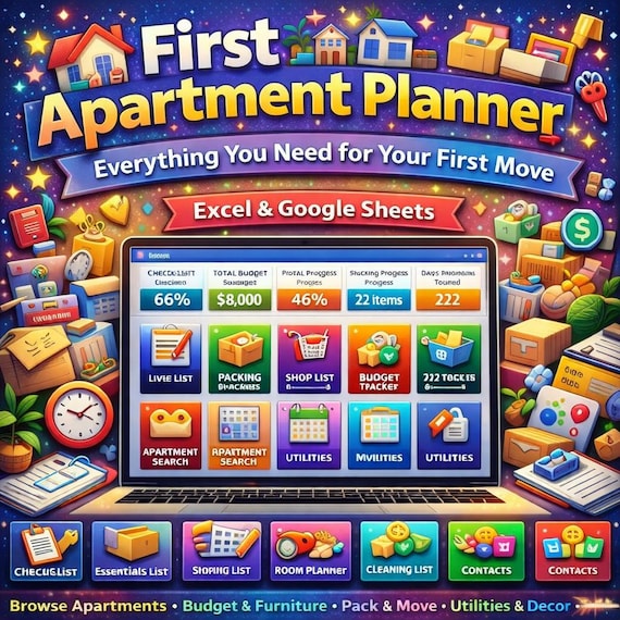 First Apartment Planner | Move-In Checklist, Budget Tracker (Excel, Google Sheets)