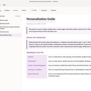 May include: A digital OneNote interface displaying a Neurodivergent Executive Function Planner. The screen shows a Personalization Guide with sections for setup styles and life adaptations for students, professionals, parents, and freelancers.