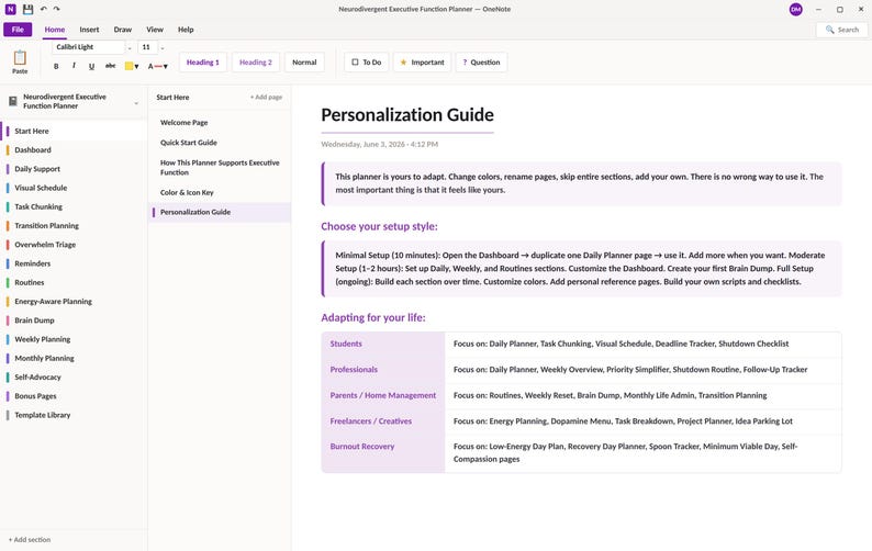 May include: A digital OneNote interface displaying a Neurodivergent Executive Function Planner. The screen shows a Personalization Guide with sections for setup styles and life adaptations for students, professionals, parents, and freelancers.