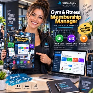 Könnte beinhalten: Eine Gym & Fitness Membership Manager Software-Verpackung mit Produktdetails und einem Laptop, der das Dashboard anzeigt. Die Benutzeroberfläche zeigt Mitglieder-Check-ins, Kurspläne und Finanzdaten. Der Text enthält das Eldon-Digital Branding.