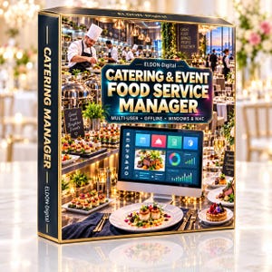 Puede incluir: Una caja de software rectangular para Catering & Event Food Service Manager de ELDON-Digital. El frente muestra a un chef en una cocina, un monitor de computadora con un panel de control y platos servidos. Texto: Multi-User, Offline, Windows & Mac.