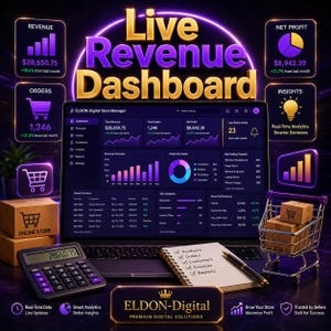 Pu&ograve; includere: Una grafica di marketing digitale con il testo "Live Revenue Dashboard" in oro e viola. L'immagine include un laptop che mostra i dati di vendita, una calcolatrice, un blocco note e un carrello della spesa. Il dashboard mostra entrate, ordini e profitto netto.
