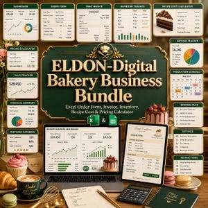 May include: An overhead shot of a digital bakery business bundle, including an Excel order form, invoice, inventory, recipe cost, and pricing calculator. The image features a laptop, tablet, and various bakery-themed items like cupcakes and a coffee cup.