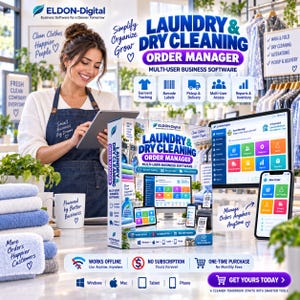 May include: Eldon-Digital Laundry & Dry Cleaning Order Manager software box set featuring multi-user business tools, garment tracking, barcode labels, and pickup and delivery management. Compatible with Windows, Mac, tablet, and phone devices.