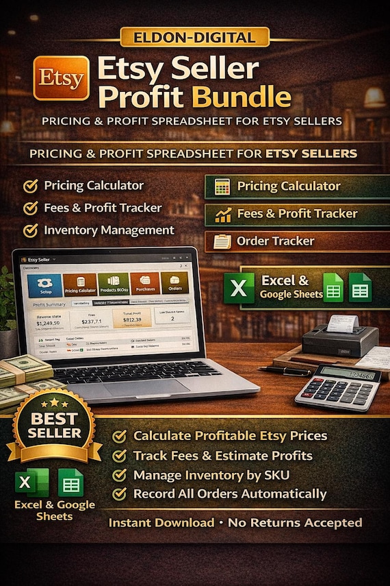 Etsy Seller Profit Bundle, Pricing Calculator, Fees Tracker (Excel, Google Sheets)