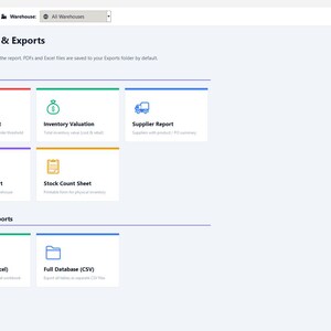 May include: A digital inventory management software interface titled ELDON-Digital. The screen displays a Reports and Exports dashboard with sections for PDF Reports and Excel and CSV Exports, featuring icons for Low Stock, Inventory Valuation, Supplier, Warehouse, and Stock Count reports.