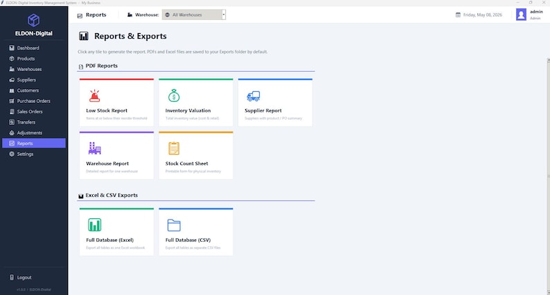 May include: A digital inventory management software interface titled ELDON-Digital. The screen displays a Reports and Exports dashboard with sections for PDF Reports and Excel and CSV Exports, featuring icons for Low Stock, Inventory Valuation, Supplier, Warehouse, and Stock Count reports.