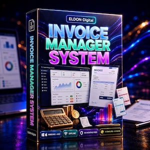 May include: A rectangular software box for the ELDON-Digital Invoice Manager System. The box features a dark background with glowing blue and purple light streaks, a digital dashboard display, a gold calculator, coins, and invoice documents.