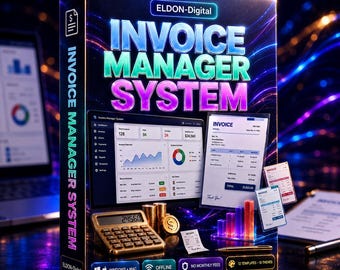 以下が含まれることがあります： ELDON-Digital Invoice Manager Systemの長方形のソフトウェアボックス。暗い背景に青と紫の光の筋が輝き、デジタルダッシュボードの表示、金色の電卓、コイン、請求書ドキュメントが描かれています。