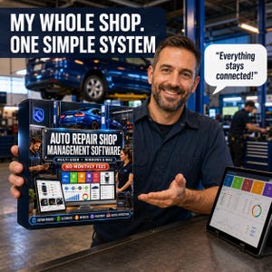 May include: A rectangular product box for auto repair shop management software featuring the text "MY WHOLE SHOP. ONE SIMPLE SYSTEM" and "AUTO REPAIR SHOP MANAGEMENT SOFTWARE - MULTI-USER - WINDOWS & MAC - NO MONTHLY FEES" with icons for repair orders.