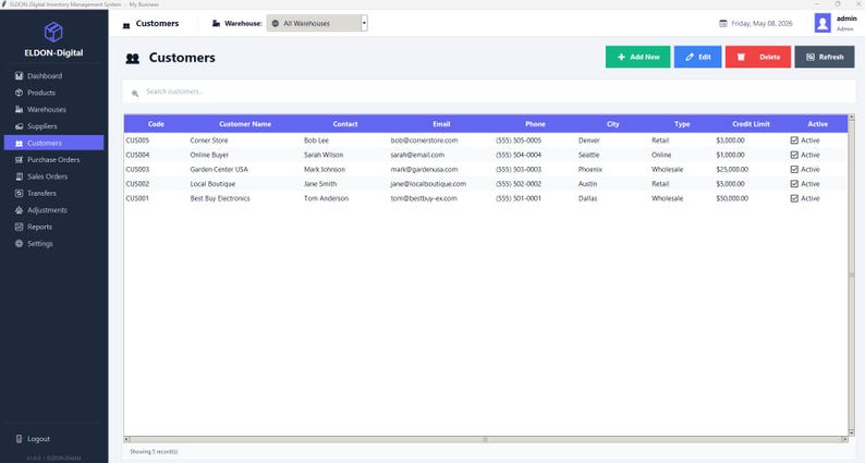 May include: A digital inventory management system interface titled ELDON-Digital showing a customer database table. The screen displays columns for code, customer name, contact, email, phone, city, type, credit limit, and active status.