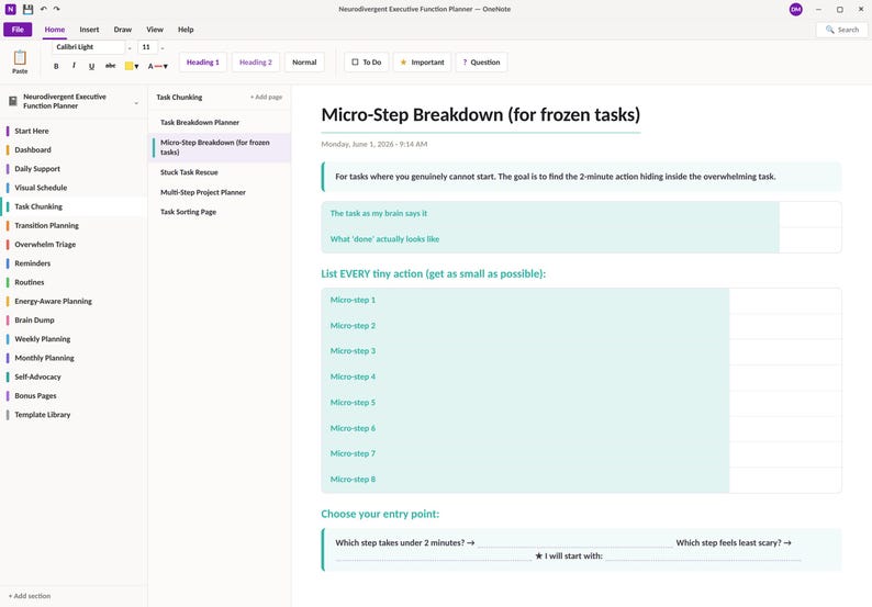 May include: A digital planner page titled Micro-Step Breakdown for frozen tasks. It includes sections for task description, defining done, a list for eight micro-steps, and a section to choose an entry point for tasks under two minutes.