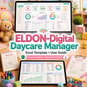 May include: A laptop and tablet display the "ELDON-Digital Daycare Manager" Excel template. The image includes a teddy bear, a pink backpack, colorful blocks, a toy train, and a calendar for May 2024. The template shows attendance, revenue, and supply information.