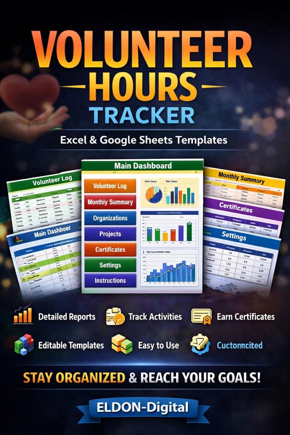 Volunteer Hours Log Tracker, Excel Google Sheets Template