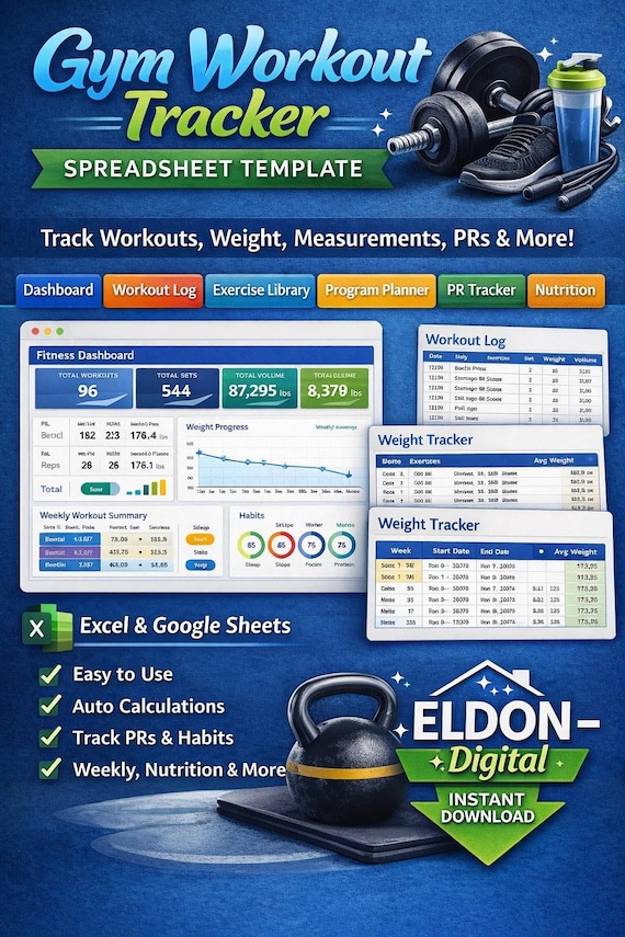 Gym Workout Tracker Spreadsheet, Fitness Dashboard, PR Log (Digital Download)