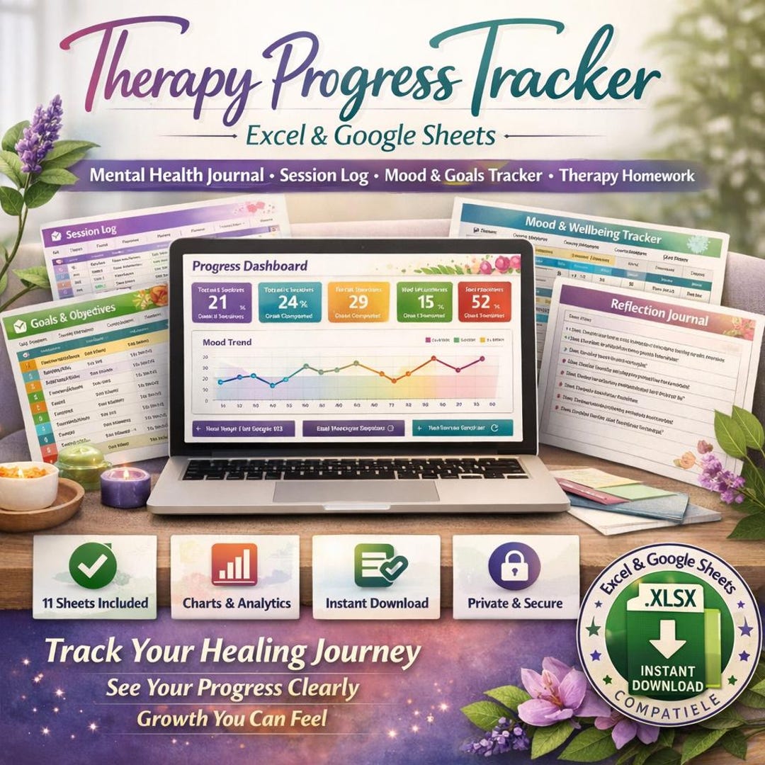 Therapy Progress Tracker Excel & Google Sheets | Mental Health Journal ...