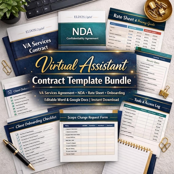 Virtual Assistant Contract Bundle | VA Services Agreement, NDA, Rate Sheet (Editable Docs)