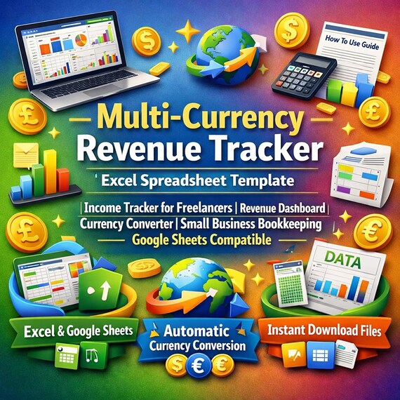 Multi-Currency Revenue Tracker | Income Tracker for Freelancers | Currency Converter |Business Bookkeeping | Google Sheets Compatible