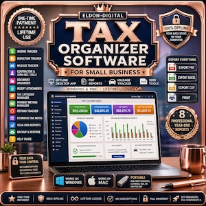 Puede incluir: Captura de pantalla de un software organizador de impuestos para pequeñas empresas. Incluye seguimiento de ingresos y kilometraje, informes PDF y reportes de fin de año. La interfaz muestra datos financieros y gráficos. Compatible con Windows y Mac.