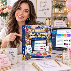 Peut inclure: Une boîte de logiciel rectangulaire pour Party & Event Rental Manager par Eldon-Digital, présentant un graphique coloré d'outils de planification d'événements, compatible avec Windows et Mac, affichée à côté d'un écran d'ordinateur portable.