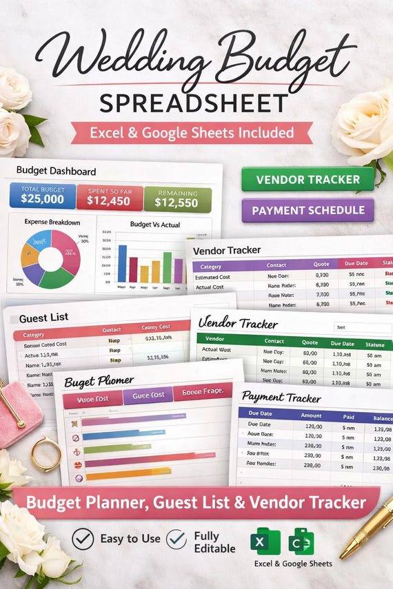 Wedding Budget Spreadsheet, Guest List, Vendor Tracker (Excel, Google Sheets)
