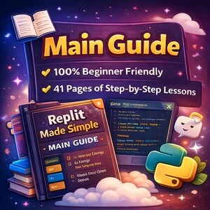 May include: An illustrated guide titled "Main Guide" with the text "100% Beginner Friendly" and "41 Pages of Step-by-Step Lessons." The image includes a book titled "Replit Made Simple" and a Python logo.