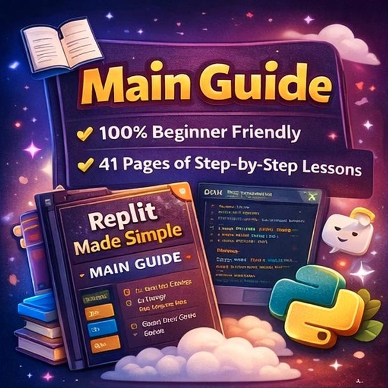 May include: An illustrated guide titled "Main Guide" with the text "100% Beginner Friendly" and "41 Pages of Step-by-Step Lessons." The image includes a book titled "Replit Made Simple" and a Python logo.