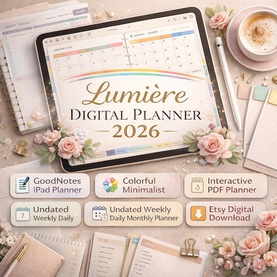 Lumière Digital Planner 2026 | Colorful Minimalist Interactive PDF (Digital Download)
