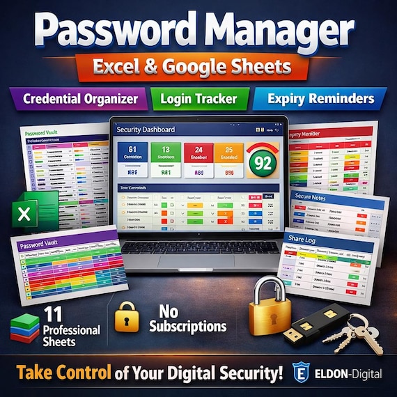 Password Manager Excel Google Sheets | Credential Organizer Login Tracker (Digital Download)