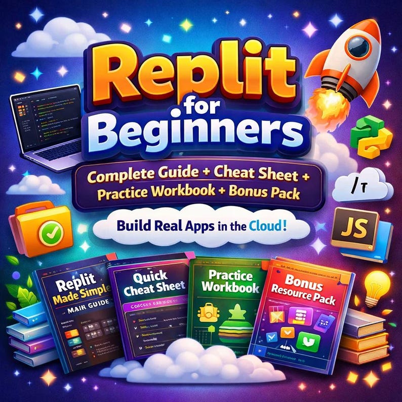 May include: A colourful graphic advertising "Replit for Beginners" with a rocket, laptop, and coding icons. The image includes a complete guide, cheat sheet, practice workbook, and bonus pack. The text "Build Real Apps in the Cloud!" is also present.
