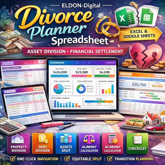 Divorce Financial Planner Spreadsheet | Asset Division, Support Calculator (Excel, Google Sheets)