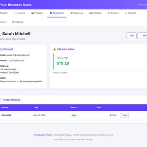 Pu&ograve; includere: Schermata di una dashboard del gestore di un negozio online che mostra le informazioni sui clienti. La pagina mostra i dettagli di contatto di Sarah Mitchell, un valore a vita di $79,18 e la cronologia degli ordini. L'interfaccia &egrave; principalmente bianca e viola.