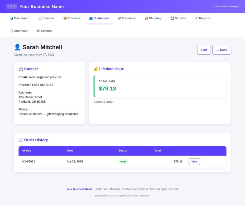 Pu&ograve; includere: Schermata di una dashboard del gestore di un negozio online che mostra le informazioni sui clienti. La pagina mostra i dettagli di contatto di Sarah Mitchell, un valore a vita di $79,18 e la cronologia degli ordini. L'interfaccia &egrave; principalmente bianca e viola.