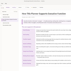 May include: A digital OneNote interface displaying a Neurodivergent Executive Function Planner. The page titled How This Planner Supports Executive Function outlines core supports including Visual Planning, Task Chunking, and Routine Scaffolding.