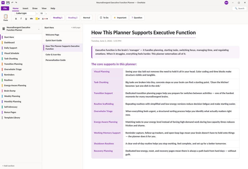 May include: A digital OneNote interface displaying a Neurodivergent Executive Function Planner. The page titled How This Planner Supports Executive Function outlines core supports including Visual Planning, Task Chunking, and Routine Scaffolding.