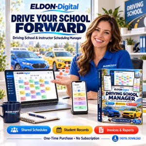 Op de afbeelding: Eldon-Digital Driving School & Instructor Scheduling Manager software getoond op een laptop en smartphone. De interface toont een kleurgecodeerde agenda, leerlingendossiers en facturen. Inclusief een merkbeker en een productdoos.