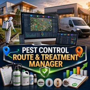 May include: A pest control management software display featuring a map, data charts, and a technician in white protective gear. The text reads PEST CONTROL ROUTE & TREATMENT MANAGER, accompanied by spray equipment, chemical bottles, and pest icons.