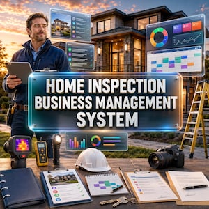 Op de afbeelding: Een beheersysteem voor woninginspecties met digitale dashboards, grafieken, een warmtebeeldcamera, zaklamp, witte veiligheidshelm, camera, klemborden met huisfoto's en planningen, en een pen op een houten ondergrond.