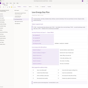 May include: A digital OneNote page titled Low-Energy Day Plan featuring sections for capacity levels, a survival priority list, low-energy task alternatives, and rest-supportive options. The layout uses purple accents and checkboxes for tracking daily tasks.