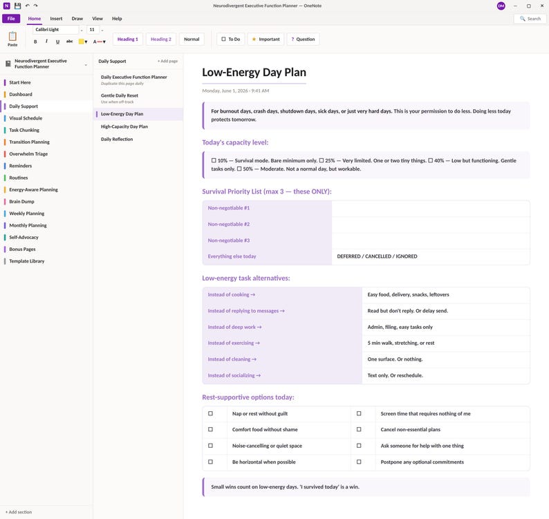 May include: A digital OneNote page titled Low-Energy Day Plan featuring sections for capacity levels, a survival priority list, low-energy task alternatives, and rest-supportive options. The layout uses purple accents and checkboxes for tracking daily tasks.