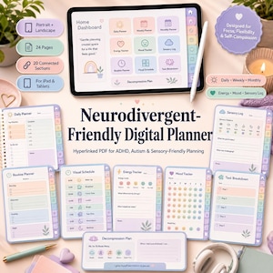 Op de afbeelding: Een digitale planner voor tablets met een pastelkleurige interface met secties voor een dagplanner, sensorisch logboek, routineplanner, visueel schema, energietracker, stemmings-tracker, taakverdeling en een decompressieplan met tekst.
