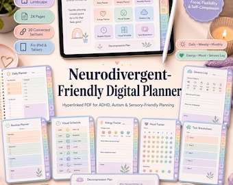 Op de afbeelding: Een digitale planner voor tablets met een pastelkleurige interface met secties voor een dagplanner, sensorisch logboek, routineplanner, visueel schema, energietracker, stemmings-tracker, taakverdeling en een decompressieplan met tekst.